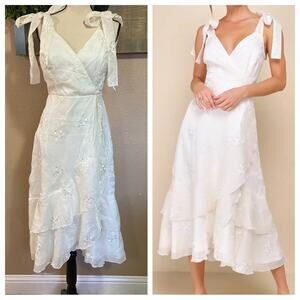 NWOT Lulus Elegant Direction Ivory Embroidered Ruffled Tie-Strap Midi Dr…